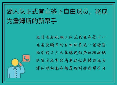 湖人队正式官宣签下自由球员，将成为詹姆斯的新帮手