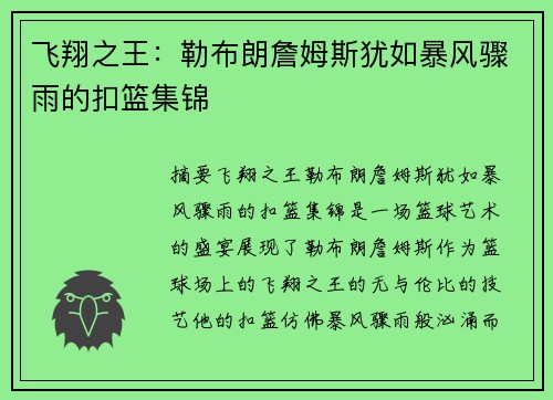 飞翔之王：勒布朗詹姆斯犹如暴风骤雨的扣篮集锦