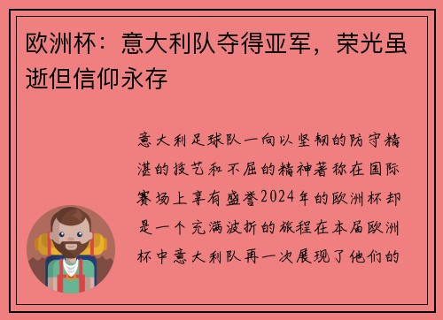 欧洲杯：意大利队夺得亚军，荣光虽逝但信仰永存