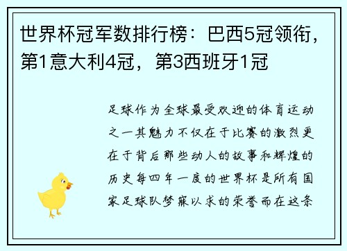 世界杯冠军数排行榜：巴西5冠领衔，第1意大利4冠，第3西班牙1冠