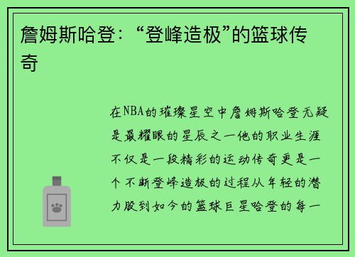 詹姆斯哈登：“登峰造极”的篮球传奇