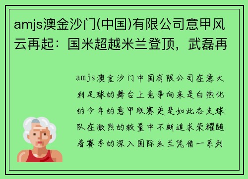 amjs澳金沙门(中国)有限公司意甲风云再起：国米超越米兰登顶，武磊再度坐整场板凳